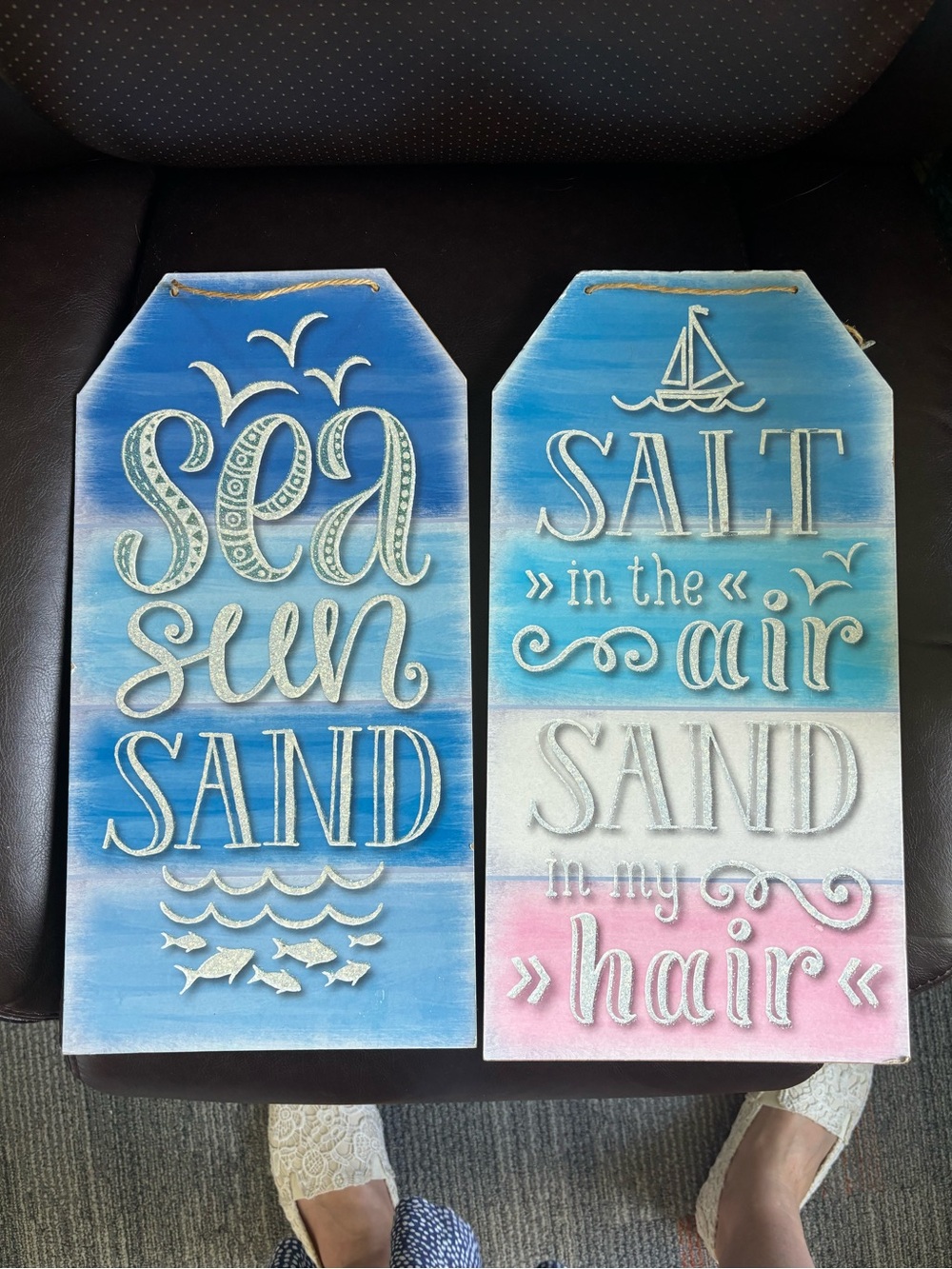 Coastal 'Sea Sun Sand' & 'Salt in the Air' Wall Plaques - Blue/Pink